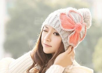 Capac Femei din Coreea de Cald Iarna 6 culori Largi Kint Croșetat Pălărie cald urechii cu arc-nod Cap de Schi