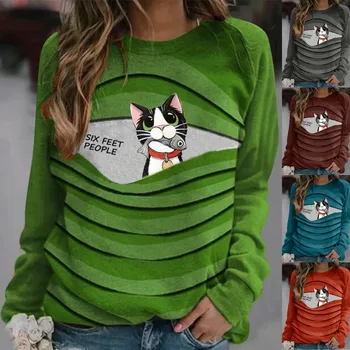 Tricouri Femei Îmbrăcăminte Pisica Drăguț 3D Print Casual cu Maneca Lunga O-Neck Tricou Vrac Mozaic Pulover de Sus футболка женская