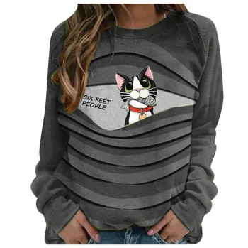 Tricouri Femei Îmbrăcăminte Pisica Drăguț 3D Print Casual cu Maneca Lunga O-Neck Tricou Vrac Mozaic Pulover de Sus футболка женская
