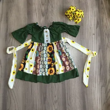 Girlymax fata rochie de floarea-soarelui rochie fetita verde învârti fusta cu funda