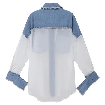 [MEM] Femei Șifon Bavuri Denim Mare Dimensiune Bluza Noua Rever Maneca Lunga Tricou Vrac se Potrivi de Moda Valul de Primăvară de Toamnă 2021 1DD12730