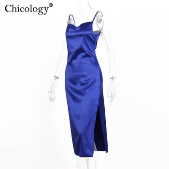 Chicology slip de satin rochie midi sexy partid lady side split curea subțire 2019 toamna iarna femei, elegante, casual, haine de club