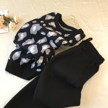 2020 toamna și iarna noi personalizate leopard de imprimare pulover maneca lunga tricotaje simple mic picior pantaloni set