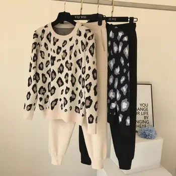 2020 toamna și iarna noi personalizate leopard de imprimare pulover maneca lunga tricotaje simple mic picior pantaloni set
