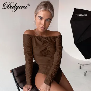 Dulzura Ruched Femei Solid Body Cu Maneca Lunga De Pe Umăr Elegant Sexy Bodycon 2020 Toamna Toamna Streetwear Corp