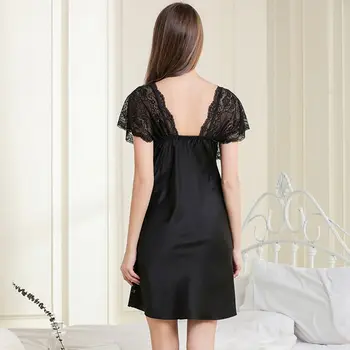 Negru sexy cămașă de noapte de sex feminin cu mânecă scurtă cămașă de noapte cu dantelă ajurata cămașă casual de servicii de origine de seară