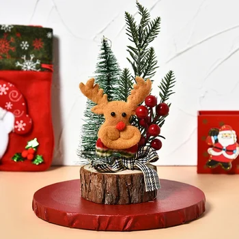 Mini Brad de Craciun Cu emițătoare de Lumină Bază de Lemn de Sus de Masă de Crăciun Copac de Pin, Fructe de Cerb Șofrănel Stil