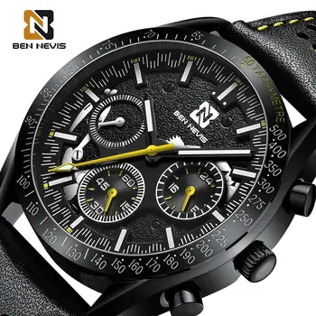 BEN NEVIS Ceasuri Sport 3 Cadran Negru Top Brand de Lux Cronograf Ceasuri de Afaceri din Piele Trupa Ceasuri de sex Masculin