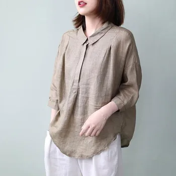 De Vară 2020 Nou Stil de Arte Femei Siret Liber Tricou Casual Solid Lenjerie de pat din Bumbac Guler de Turn-down Vintage Bluze Femme M233