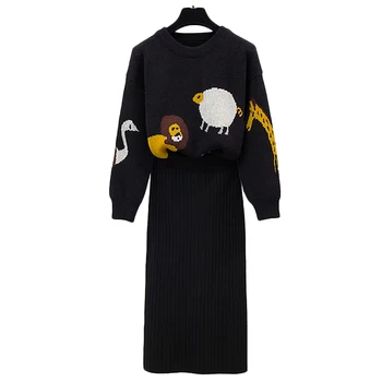Seturi guler rotund jacquard tricotat pulover tricot negru, fusta de moda coreeană femei vrac pulover negru fuste costum din două piese