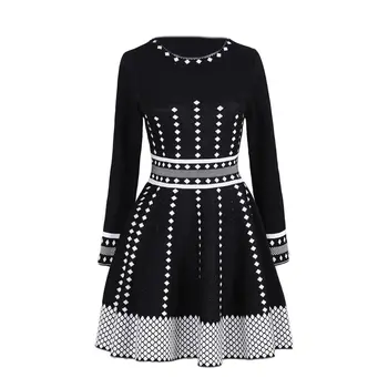 Femei Rochie Alb Negru Cu Mâneci Lungi Lady Rochii Tricotate Primavara Toamna Anului 2021 Noi Produse De Îmbrăcăminte