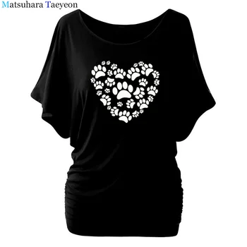 Femei de moda de îmbrăcăminte Drăguț Câine Laba de Imprimare Pe Inima Ta Perete Anime Tee tricou Femei Top Batwing Maneca haine de sex Feminin tricou