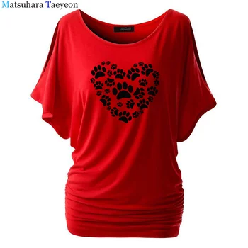 Femei de moda de îmbrăcăminte Drăguț Câine Laba de Imprimare Pe Inima Ta Perete Anime Tee tricou Femei Top Batwing Maneca haine de sex Feminin tricou