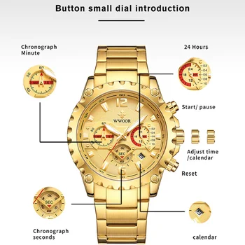 WWOOR Nou Sport Cronograf Ceasuri Pentru Barbati Brand de Top de Lux de Aur Cuarț Bărbați Moda Militare Impermeabil Ceas de Ceas