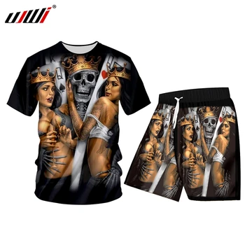 UJWI T-shirt Costum 2 Piese Casual cu Maneci Scurte O-gât Moda Treninguri tricouri și pantaloni Scurți Nou Imprimate 3D Poker Craniu de Vară