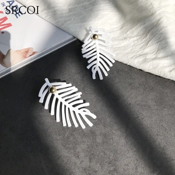 SRCOI Alb Frunze Cercei Unic Os de Pește Forma Cu Imitații de Perle Exagerat Cercei Lungi Acrilice Pene Femei Bijuterii