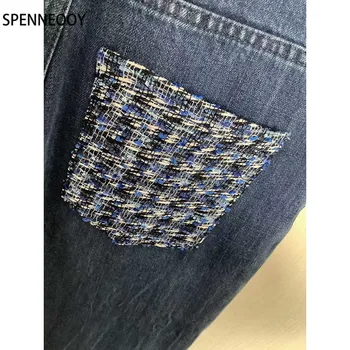 PONTERWYD 2021 Brand Designer de Moda Tweed, Denim Pantaloni Femei Cristal de Diamant Butonul Drept Pantaloni Denim