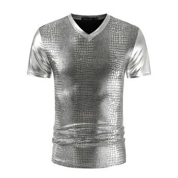 Aur Metalic Model Sarpe Club T-shirt pentru Bărbați 2020 Sexy New Short Sleeve V-Neck Tee Shirt Homme Petrecere Bal Etapă Tricou Masculin 3XL