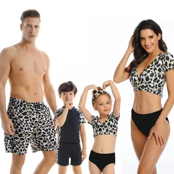 Familia de costume de Baie Mama si Fiica Vara Leopard de imprimare Set de Bikini Tatăl și Fiul Înot pantaloni de Familie Potrivire Costume de baie