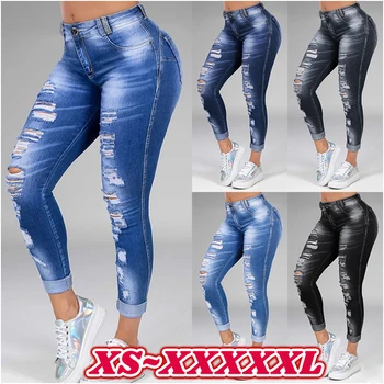 Spălat Rupt Blugi Femei Plus Dimensiune S-5XL-coreean de Înaltă Talie Pantaloni Skinny din Denim Jeans Albastru Negru Gol Albite Creion Pantaloni