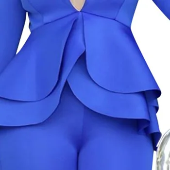Femei Seturi de Două Piese Elegante Office Lady Blue Zburli Blana de Sus Pantaloni Casual de Afaceri de Îmbrăcăminte de sex Feminin Costum NU Centura 2020 Toamna