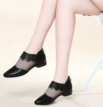 Femei Pantofi Ochiurilor De Plasă,2021 Primăvară Stil Coreean Tocuri Joase,Sexy Stras,A Subliniat Toe,Toc Patrat,De Sex Feminin Încălțăminte,Negru,