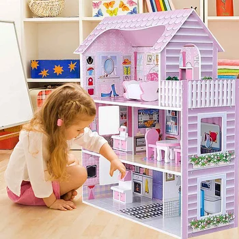 Papusa Case din Lemn Mare casă de Păpuși Jucării 3 Straturi Copii Pretinde Juca Jucării Pline de Mobilier pentru Copii, Casă de Jucărie Acasă