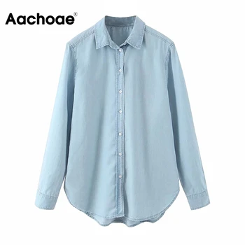 Aachoae 2020 Moda Denim Albastru Bluza Camasa Femei Maneca Lunga Solid Bluze Casual, Office Doamnelor Rândul Său, În Jos Guler Topuri Tricouri