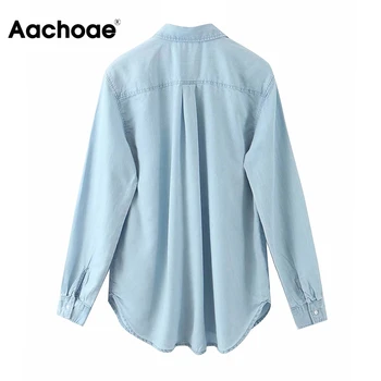 Aachoae 2020 Moda Denim Albastru Bluza Camasa Femei Maneca Lunga Solid Bluze Casual, Office Doamnelor Rândul Său, În Jos Guler Topuri Tricouri