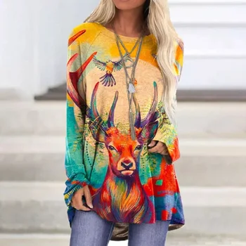 2021 Moda De Primăvară Coloful Bluza Print Tricouri Femei Casual Cu Maneca Lunga Top Lung Pulover Feminin Elegnat O-Gât Vrac Streetwer