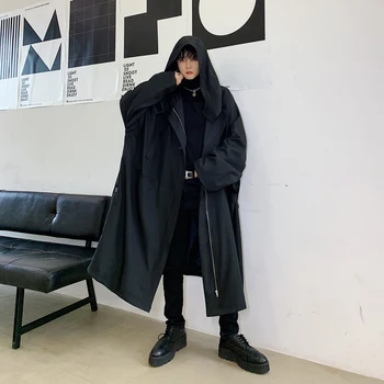 Bărbați Supradimensionate Liber Casual Negru Cu Gluga Lung Trenci Ofițeresc Femei De Sex Masculin Streetwear Gotic Geaca Palton Mantie