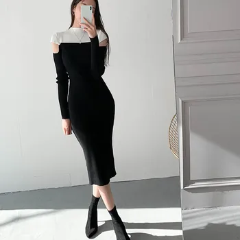 Noi 2020 Toamna Rochii Femei Coreene Slim Femeie Birou Elegant Tricotate Rochie Lady Cusături De Tricotat Pulover Rochie Vestidos