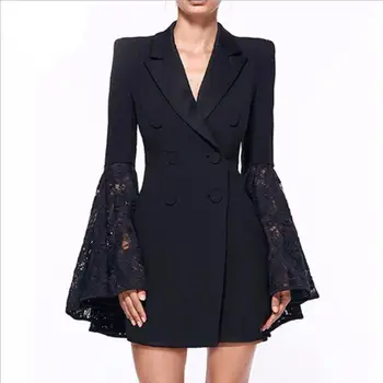 Stație europa Plus dimensiunea femei 2018 noua Moda de Primăvară V-Gât subțire Sexy dantela Flare Sleeve Talie Mare cotton blazer Jacheta L309