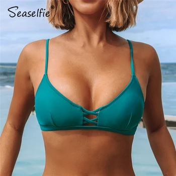 SEASELFIE Sexy Solid Teal Strappy Bikini Top pentru Femei Detașabil Tampoane Separate de Top de sex Feminin Singur Sutien Top 2021 Fata Costume de baie