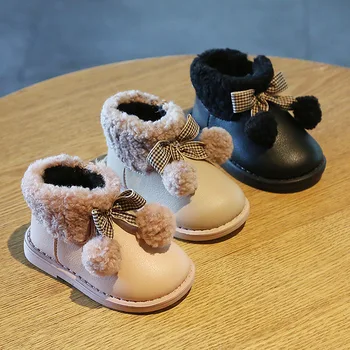 11.5-15.5 cm Baby Princess Dress Pantofi,Drăguț Pompom Catifea Fete Pantofi de Iarna,pentru Sugari Caldă Prima Pietoni Cu Arcul Nod,Copiii Apartamente