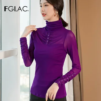 FGLAC Femei t-shirt de Moda casual, cu maneci lungi Guler plasă de topuri Elegante slim Diamante Toamna tricou femei plus dimensiune blusas