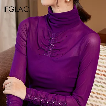 FGLAC Femei t-shirt de Moda casual, cu maneci lungi Guler plasă de topuri Elegante slim Diamante Toamna tricou femei plus dimensiune blusas