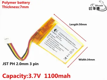JST PH 2.0 mm 3 pin Litru de energie baterie 3.7 V,1100mAH,703450 Polimer litiu-ion / Li-ion pentru JUCĂRIE,POWER BANK,GPS,mp3,mp4