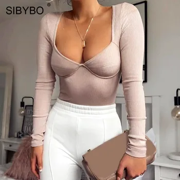 Sibybo Cu Nervuri Maneca Lunga Sexy Body Femei De Moda Toamna V-Neck Skinny Femei Salopetă Solid Body Casual Salopeta 2019