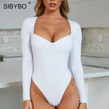 Sibybo Cu Nervuri Maneca Lunga Sexy Body Femei De Moda Toamna V-Neck Skinny Femei Salopetă Solid Body Casual Salopeta 2019
