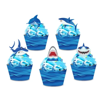Temă Nautică Rechin Albastru Tort Fân Fericit Ziua De Naștere Partidul Decor Ocean Val Cupcake Înveliș Petrecere Copil De Dus Provizii