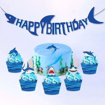 Temă Nautică Rechin Albastru Tort Fân Fericit Ziua De Naștere Partidul Decor Ocean Val Cupcake Înveliș Petrecere Copil De Dus Provizii