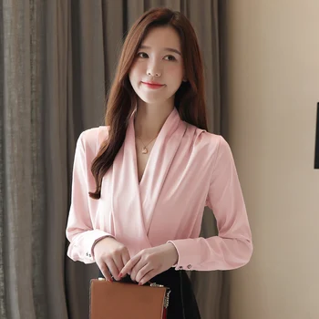 Toamna Moda coreeană de Mătase Femei, Bluze din Satin Solide Femei Topuri si Bluze Plus Dimensiune XXL Roz cu Maneca Lunga Camasi Femei