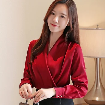 Toamna Moda coreeană de Mătase Femei, Bluze din Satin Solide Femei Topuri si Bluze Plus Dimensiune XXL Roz cu Maneca Lunga Camasi Femei