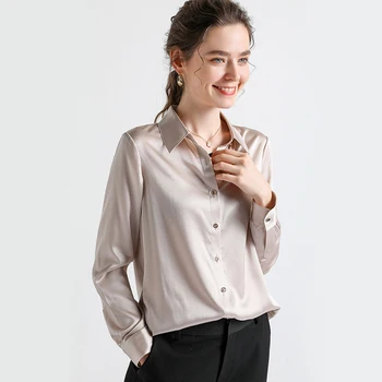 2020 Schinteon Femei Reale Cămașă de Mătase de Culoare Solidă Maneca Lunga Doamnă Birou de Turn-down Guler Bluza de Primavara-Vara Simple