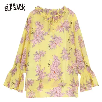 ELFSACK Vintage Print Floral pentru Femei Bluze de Moda Volane Maneca Fluture Feminin Tricouri 2019 Vara V-Gât Dantelă Topuri
