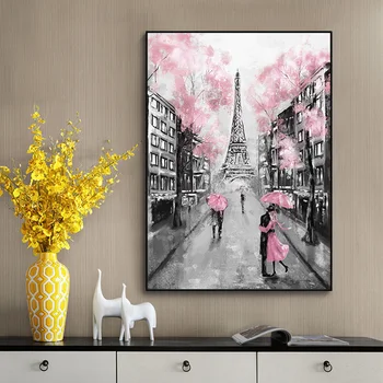Roz Romantic Oraș Cuplu Paris Turnul Eiffel Peisaj Pictura in Ulei pe Panza, Postere si Printuri Cuadros de Perete Poza pentru Decor