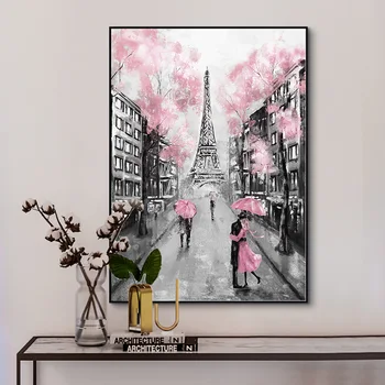 Roz Romantic Oraș Cuplu Paris Turnul Eiffel Peisaj Pictura in Ulei pe Panza, Postere si Printuri Cuadros de Perete Poza pentru Decor