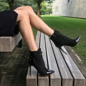 Onlymaker femeii a Subliniat Toe 10CM Sexy cu Toc Dantelă-Up Botine Stiletto Negru și Cizme Roșii de dimensiuni Mari