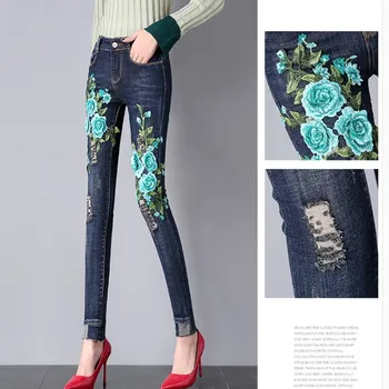 Noua Moda pentru Femei talie mijlocie Blugi Pantaloni de Primăvară și de Toamnă Verde Flori Brodate Găuri Denim Pantaloni Creion Pantaloni